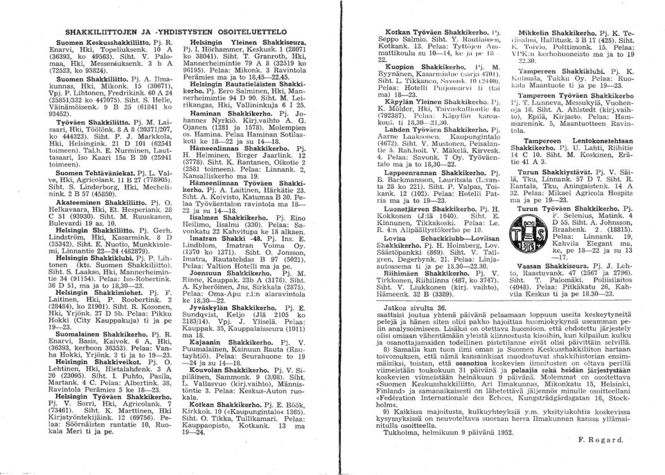 Työväen Shakkiliitto. Pj. M. Laisaari, Hki, Töölönk. 8 A 8 (20371/207, ko 444323). Siht. P. J. Markkola, Hki, Helsingink. 21 D 101 (62541 toimeen). Tal.h. E.