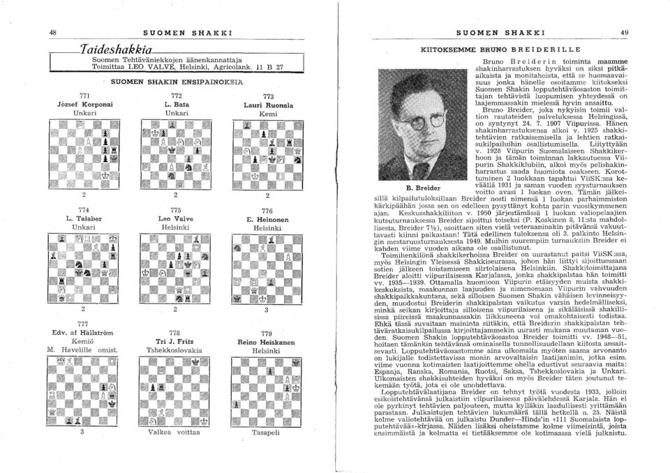 Friiz Tshekkoslovakia Valkea voittaa 773 Lauri Ruonala Kemi 2 776 E. Heinonen Helsinki 3 779 Reino Heiskanen Helsinki Tasapeli SUOMEN SHAKK!