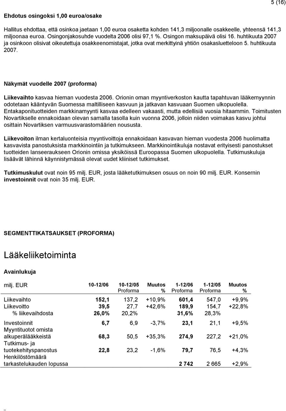 huhtikuuta 2007. Näkymät vuodelle 2007 (proforma) Liikevaihto kasvaa hieman vuodesta 2006.