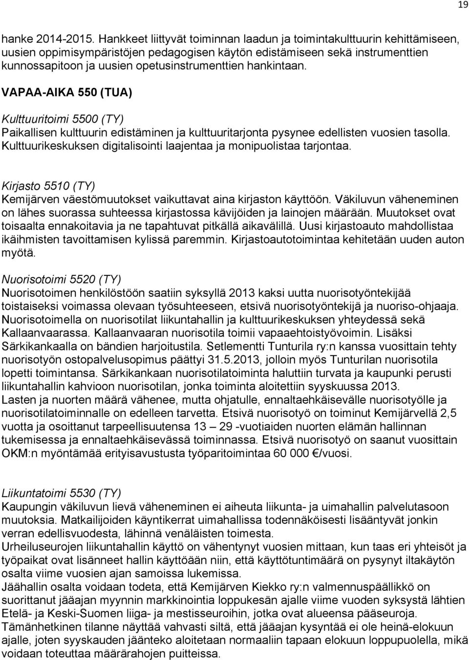 hankintaan. VAPAA-AIKA 550 (TUA) Kulttuuritoimi 5500 (TY) Paikallisen kulttuurin edistäminen ja kulttuuritarjonta pysynee edellisten vuosien tasolla.