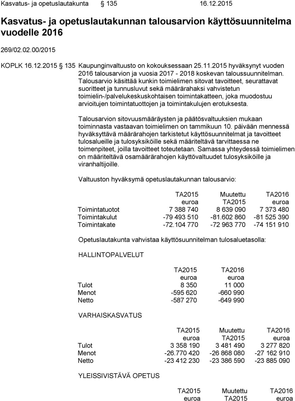 Talousarvio käsittää kunkin toimielimen sitovat tavoitteet, seurattavat suoritteet ja tunnusluvut sekä määrärahaksi vahvistetun toimielin-/palvelukeskuskohtaisen toimintakatteen, joka muodostuu