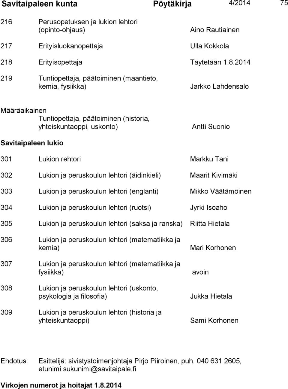 2014 219 Tuntiopettaja, päätoiminen (maantieto, kemia, fysiikka) Jarkko Lahdensalo Määräaikainen Tuntiopettaja, päätoiminen (historia, yhteiskuntaoppi, uskonto) Antti Suonio Savitaipaleen lukio 301