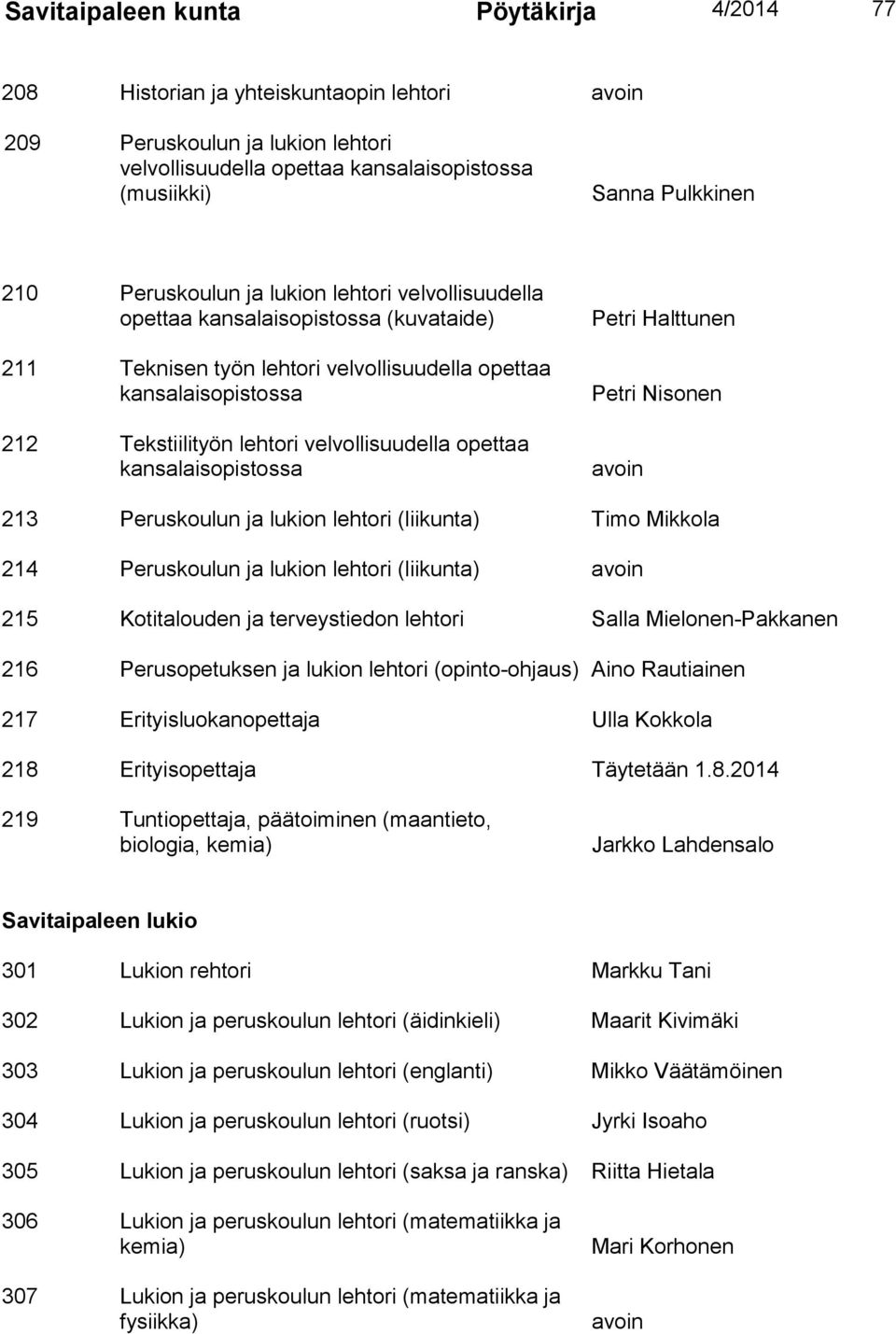 opettaa kansalaisopistossa Petri Halttunen Petri Nisonen avoin 213 Peruskoulun ja lukion lehtori (liikunta) Timo Mikkola 214 Peruskoulun ja lukion lehtori (liikunta) avoin 215 Kotitalouden ja