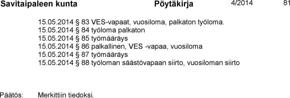 2014 84 työloma palkaton 15.05.2014 85 työmääräys 15.05.2014 86 palkallinen, VES -vapaa, vuosiloma 15.