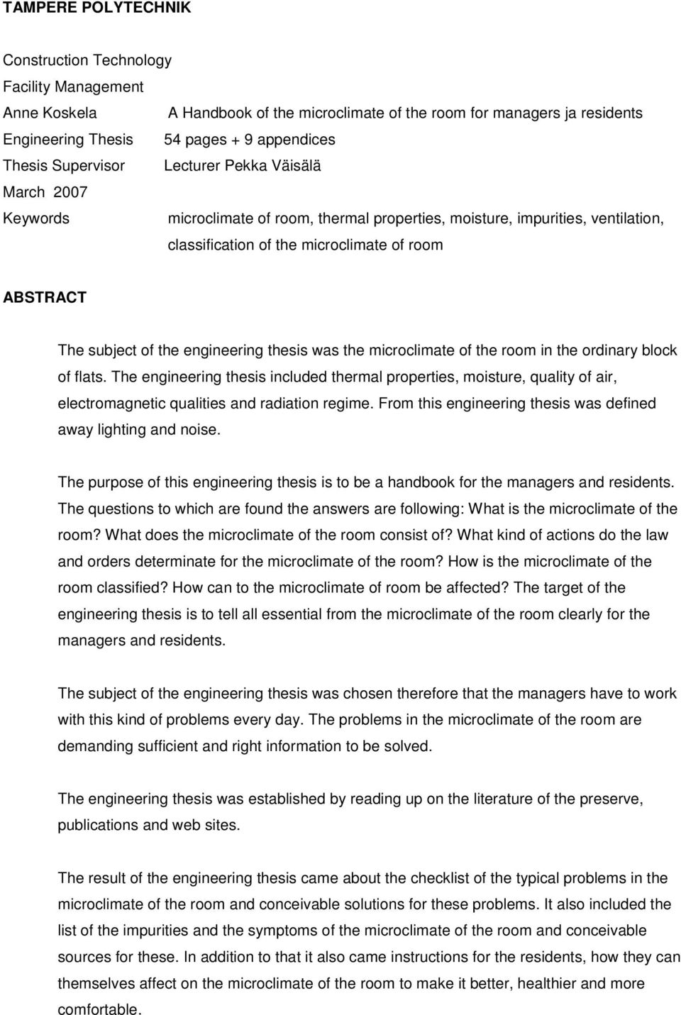 engineering thesis was the microclimate of the room in the ordinary block of flats.