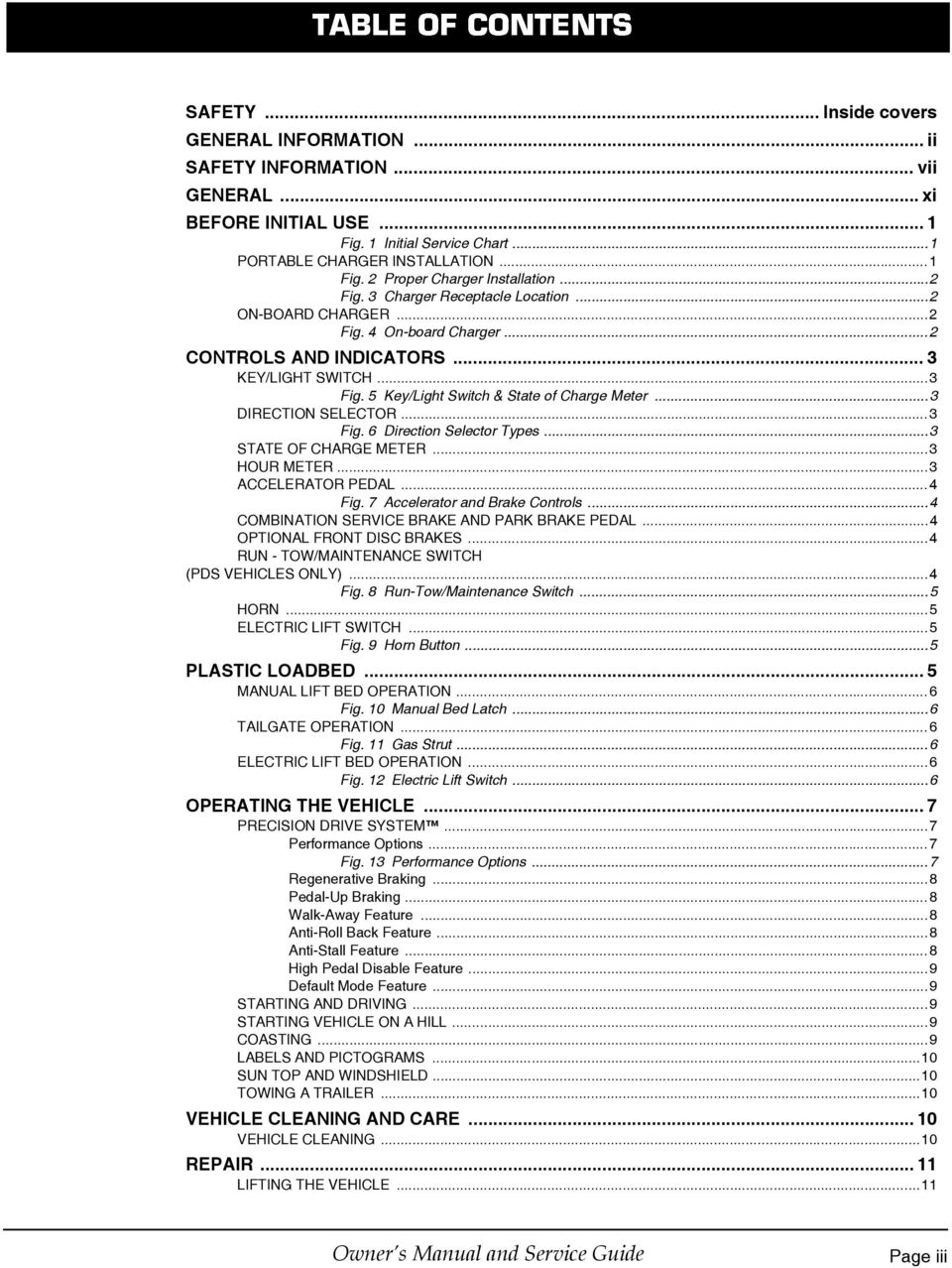 5 Key/Light Switch & State of Charge Meter...3 DIRECTION SELECTOR...3 Fig. 6 Direction Selector Types...3 STATE OF CHARGE METER...3 HOUR METER...3 ACCELERATOR PEDAL...4 Fig.