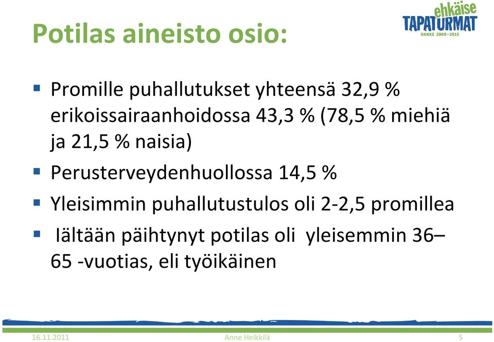 Perusterveydenhuollossa 14,5 % Yleisimmin puhallutustulos oli 2 2,5