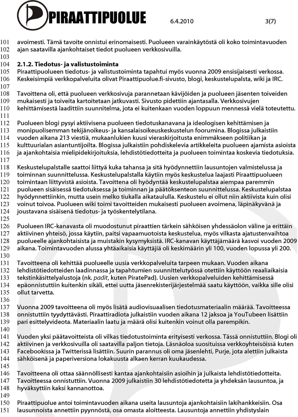 148 149 150 151 avoimesti. Tämä tavoite onnistui erinomaisesti. Puolueen varainkäytöstä oli koko toimintavuoden ajan saatavilla ajankohtaiset tiedot puolueen verkkosivuilla. 2.