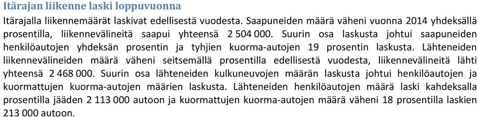 Suurin osa laskusta johtui saapuneiden henkilöautojen yhdeksän prosentin ja tyhjien kuorma-autojen 19 prosentin laskusta.