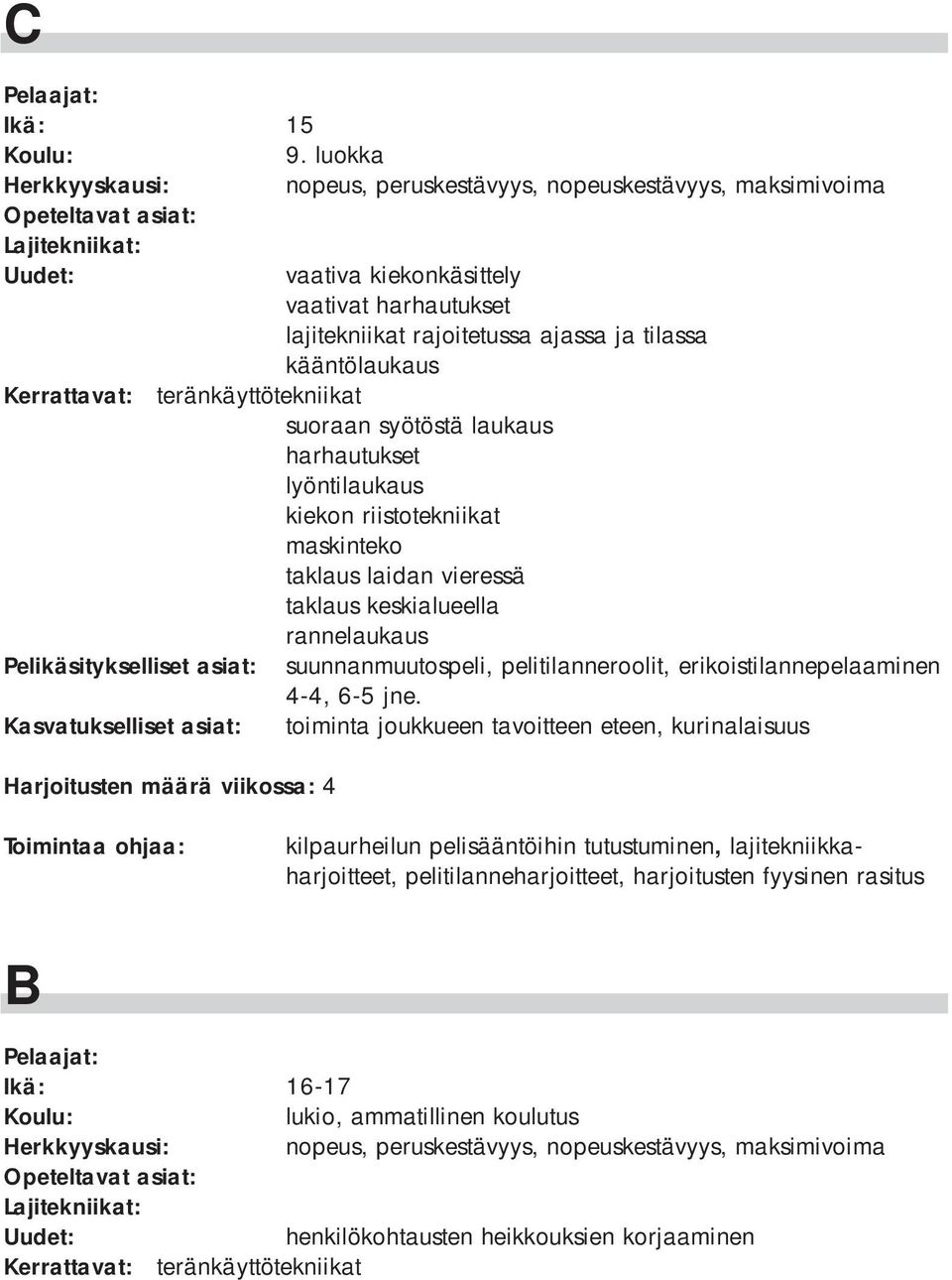 teränkäyttötekniikat suoraan syötöstä laukaus harhautukset lyöntilaukaus kiekon riistotekniikat maskinteko taklaus laidan vieressä taklaus keskialueella rannelaukaus Pelikäsitykselliset asiat: