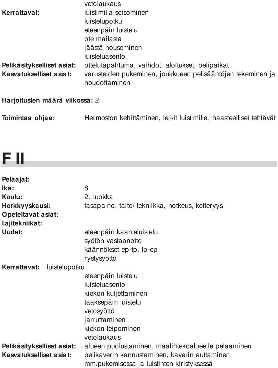 luokka Herkkyyskausi: tasapaino, taito/tekniikka, notkeus, ketteryys eteenpäin kaarreluistelu syötön vastaanotto käännökset ep-tp, tp-ep rystysyöttö Kerrattavat: luistelupotku eteenpäin luistelu