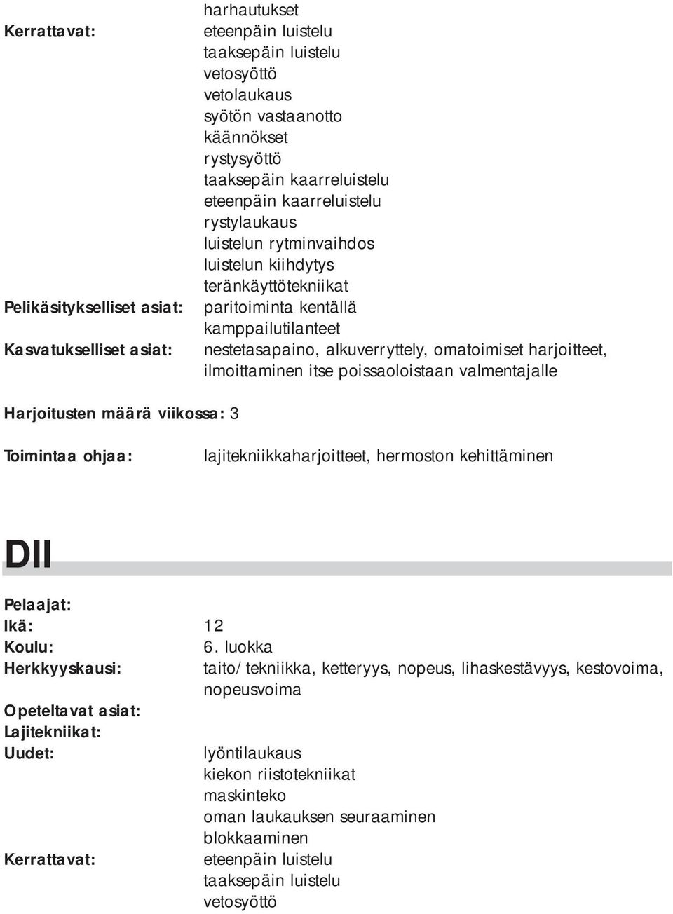 ilmoittaminen itse poissaoloistaan valmentajalle Harjoitusten määrä viikossa: 3 lajitekniikkaharjoitteet, hermoston kehittäminen DII Ikä: 12 6.