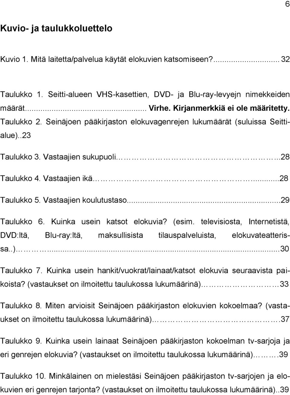 Vastaajien koulutustaso...29 Taulukko 6. Kuinka usein katsot elokuvia? (esim. televisiosta, Internetistä, DVD:ltä, Blu-ray:ltä, maksullisista tilauspalveluista, elokuvateatterissa..)...30 Taulukko 7.