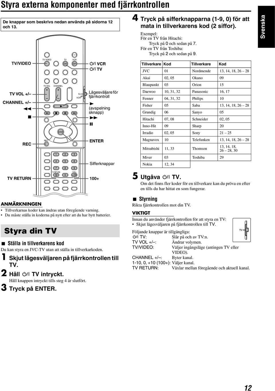 Exempel: För en TV från Hitachi: Tryck på 0 och sedan på 7. För en TV från Toshiba: Tryck på 2 och sedan på 9.