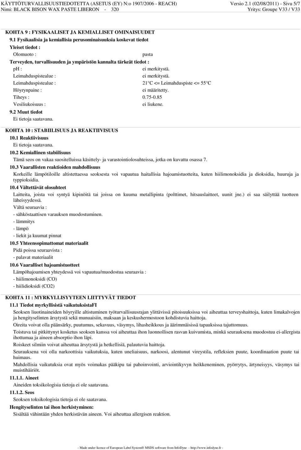 Leimahduspistealue : ei merkitystä. Leimahduspistealue : 21 C <= Leimahduspiste <= 55 C Höyrynpaine : ei määritetty. Tiheys : 0.75-0.85 Vesiliukoisuus : ei liukene. 9.