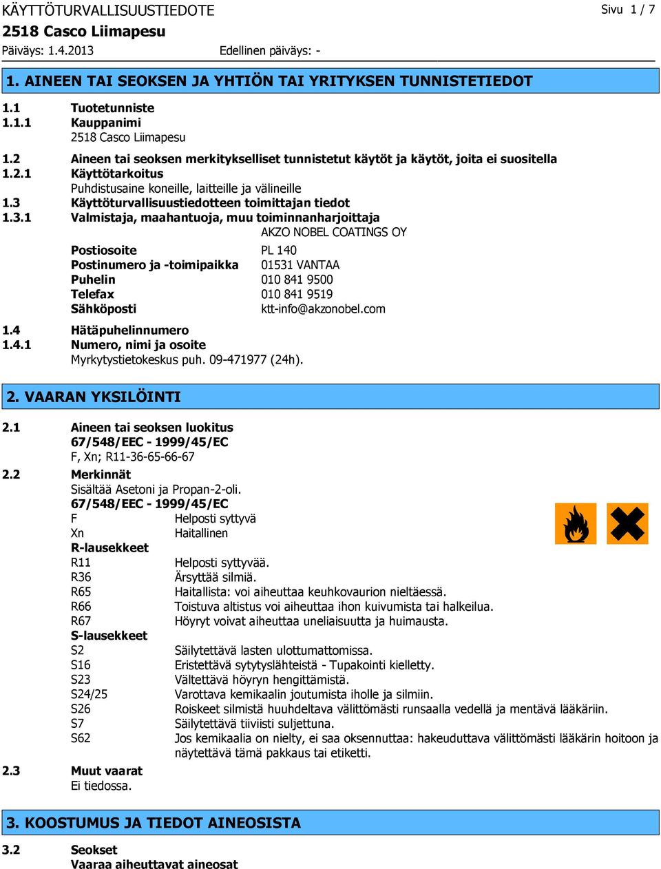 3 Käyttöturvallisuustiedotteen toimittajan tiedot 1.3.1 Valmistaja, maahantuoja, muu toiminnanharjoittaja AKZO NOBEL COATINGS OY Postiosoite PL 140 Postinumero ja -toimipaikka 01531 VANTAA Puhelin