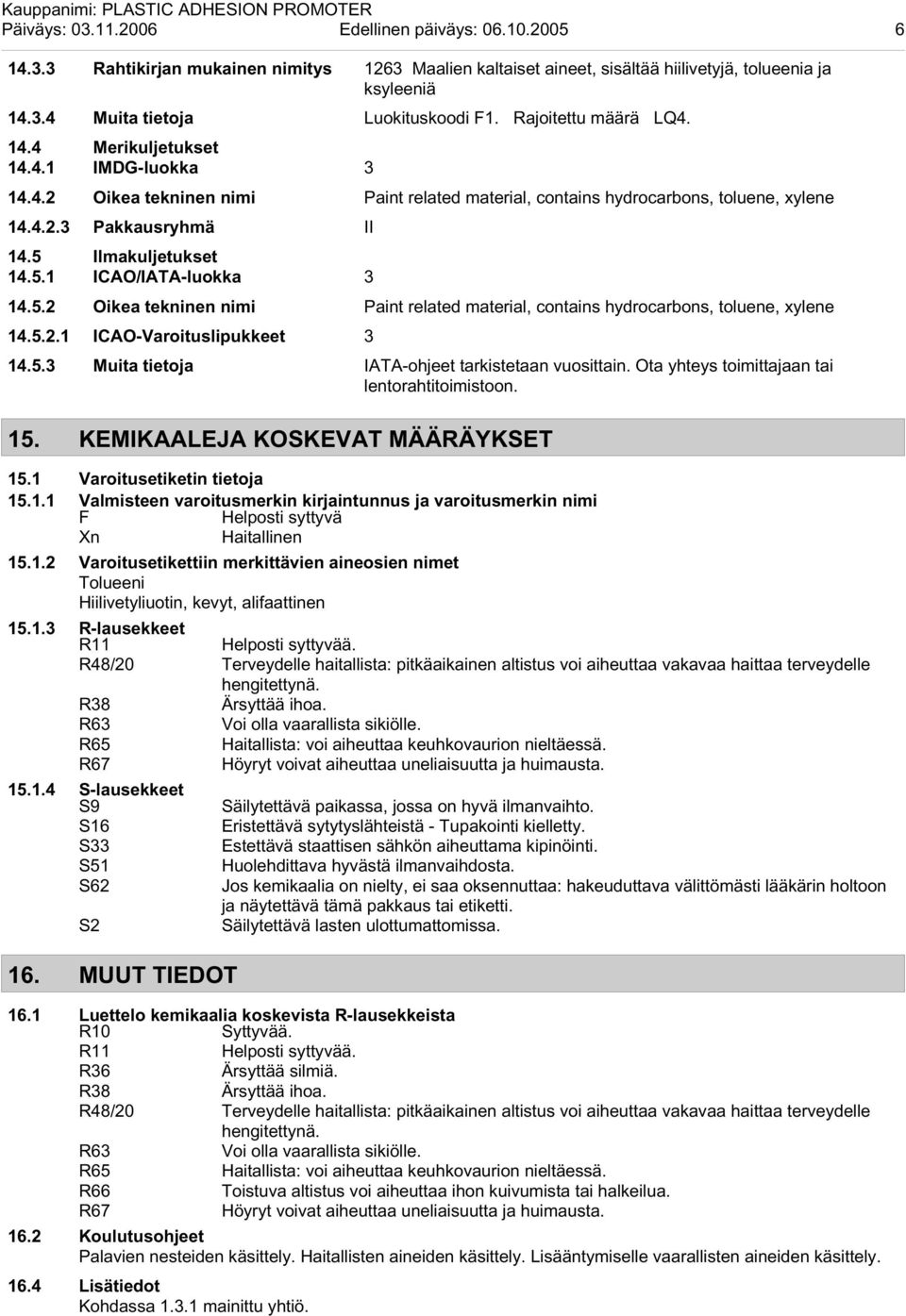 5 Ilmakuljetukset 14.5.1 ICAO/IATA-luokka 3 14.5.2 Oikea tekninen nimi Paint related material, contains hydrocarbons, toluene, xylene 14.5.2.1 ICAO-Varoituslipukkeet 3 14.5.3 Muita tietoja IATA-ohjeet tarkistetaan vuosittain.