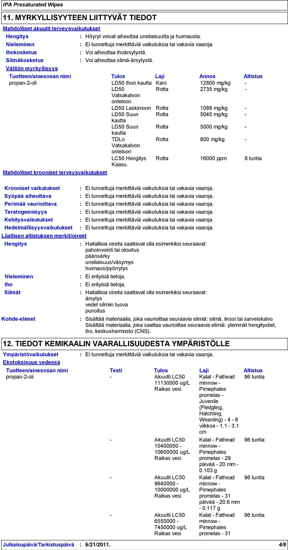 Tuotteen/ainesosan nimi Tulos Laji Annos Altistus propan2oli LD50 Ihon kautta Kani 12800 mg/kg LD50 Rotta 2735 mg/kg Vatsakalvon onteloon LD50 Laskimoon Rotta 1088 mg/kg LD50 Suun Rotta 5045 mg/kg