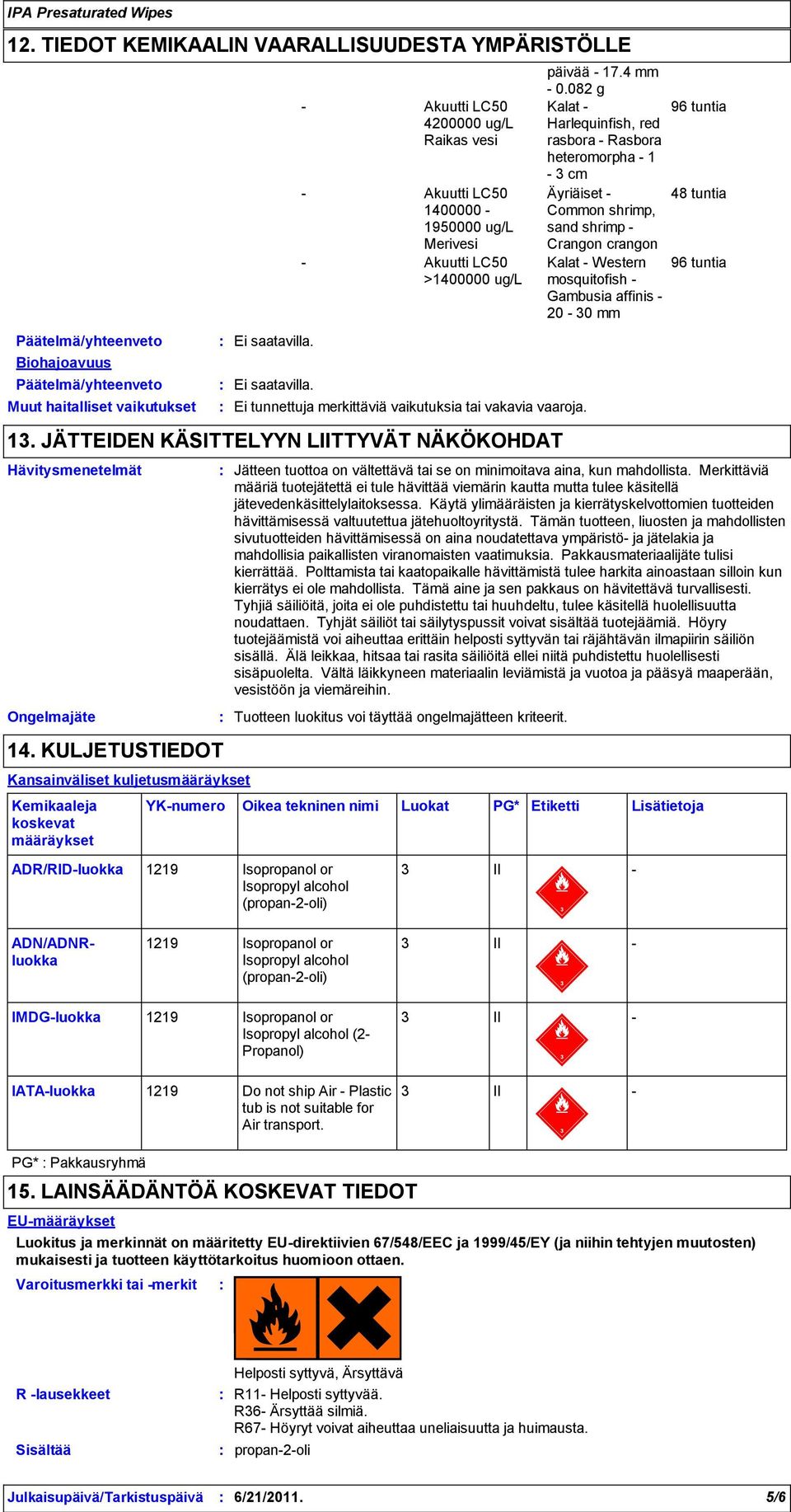 KULJETUSTIEDOT Kansainväliset kuljetusmääräykset Kemikaaleja koskevat määräykset ADR/RIDluokka Tuotteen luokitus voi täyttää ongelmajätteen kriteerit. päivää 17.4 mm 0.