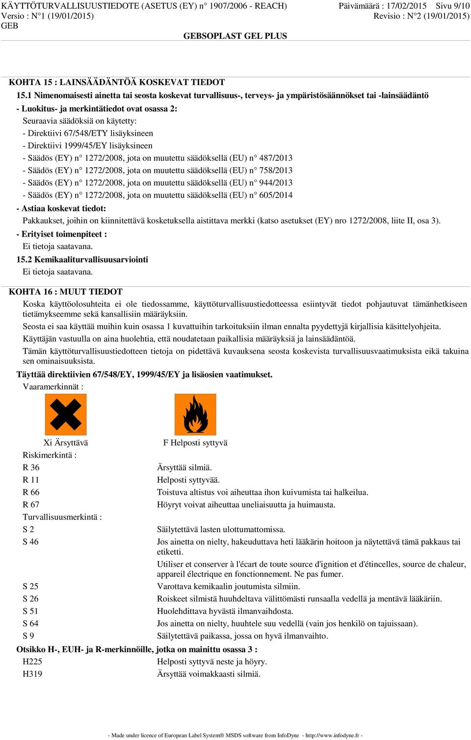 Direktiivi 67/548/ETY lisäyksineen - Direktiivi 1999/45/EY lisäyksineen - Säädös (EY) n 1272/2008, jota on muutettu säädöksellä (EU) n 487/2013 - Säädös (EY) n 1272/2008, jota on muutettu säädöksellä