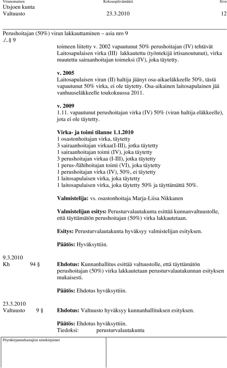 Osa-aikainen laitosapulainen jää vanhuuseläkkeelle toukokuussa 2011. v. 2009 1.11. vapautunut perushoitajan virka (IV) 50% (viran haltija eläkkeelle), jota ei ole täytetty. Virka- ja toimi tilanne 1.