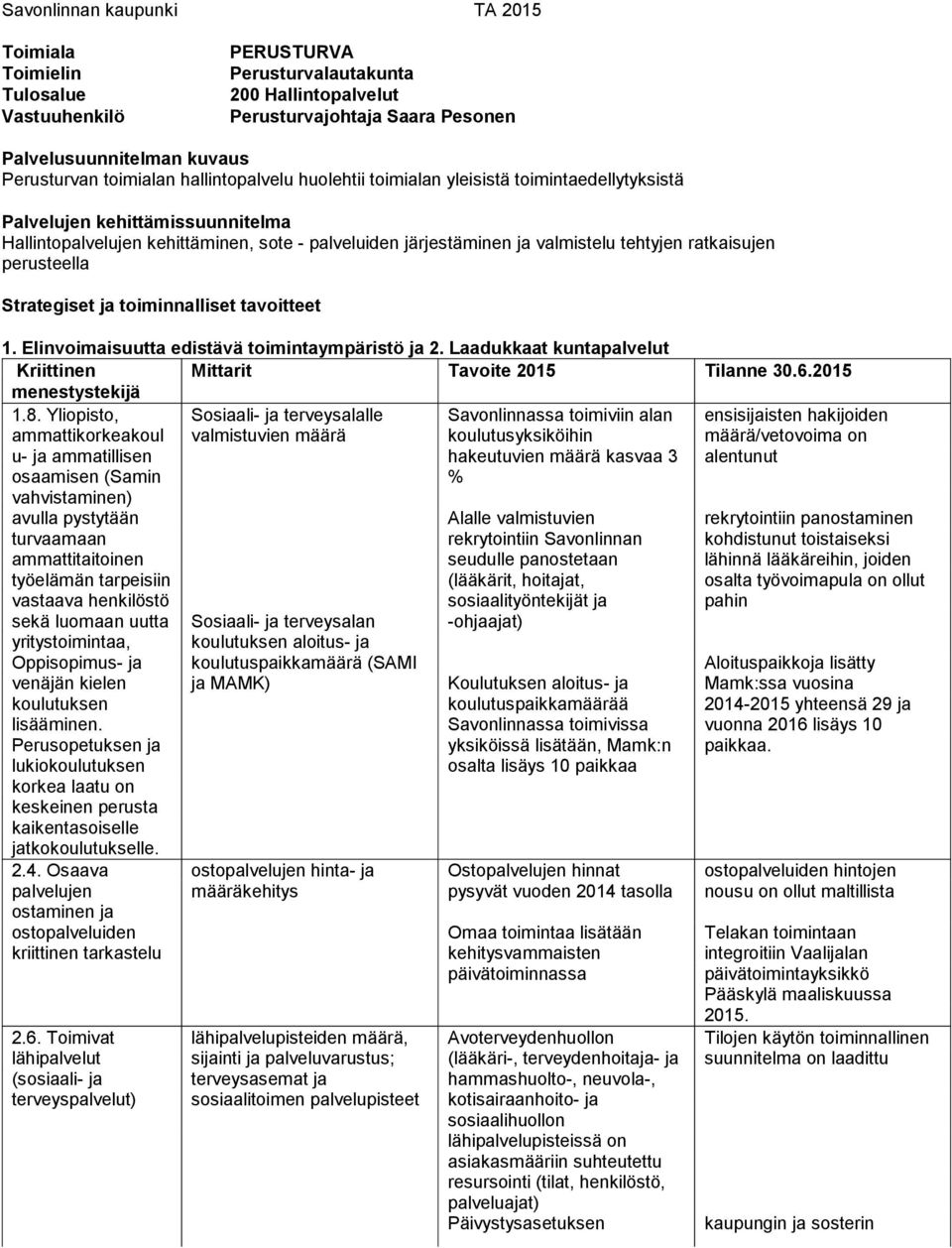 tehtyjen ratkaisujen perusteella Strategiset ja toiminnalliset tavoitteet 1. Elinvoimaisuutta edistävä toimintaympäristö ja 2. Laadukkaat kuntapalvelut Kriittinen Mittarit Tavoite 2015 Tilanne 30.6.