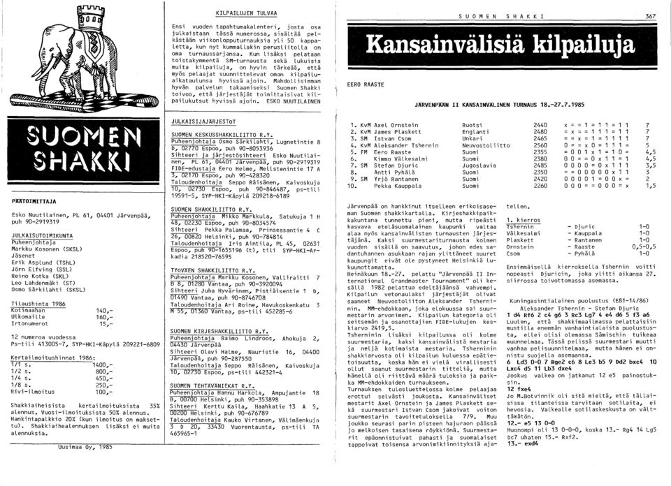 s. 1/2 s. 1/4 s. 1/8 s. Rivi-iLmoitus 1986: 1400,- 800,- 450,- 250,- 100,- Shakkiaiheisista kertailmoituksista 35% alennus. Vuosi-iLmoituksista 50% alennus.