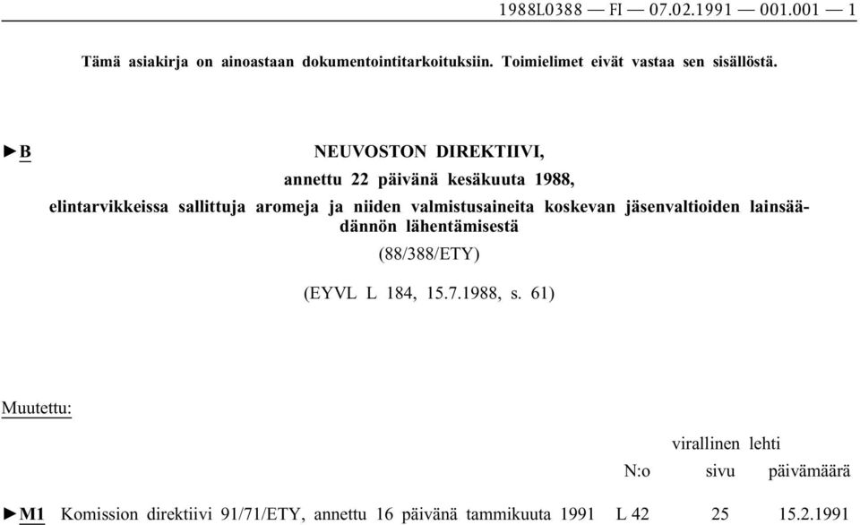 B NEUVOSTON DIREKTIIVI, annettu 22 päivänä kesäkuuta 1988, elintarvikkeissa sallittuja aromeja ja niiden valmistusaineita