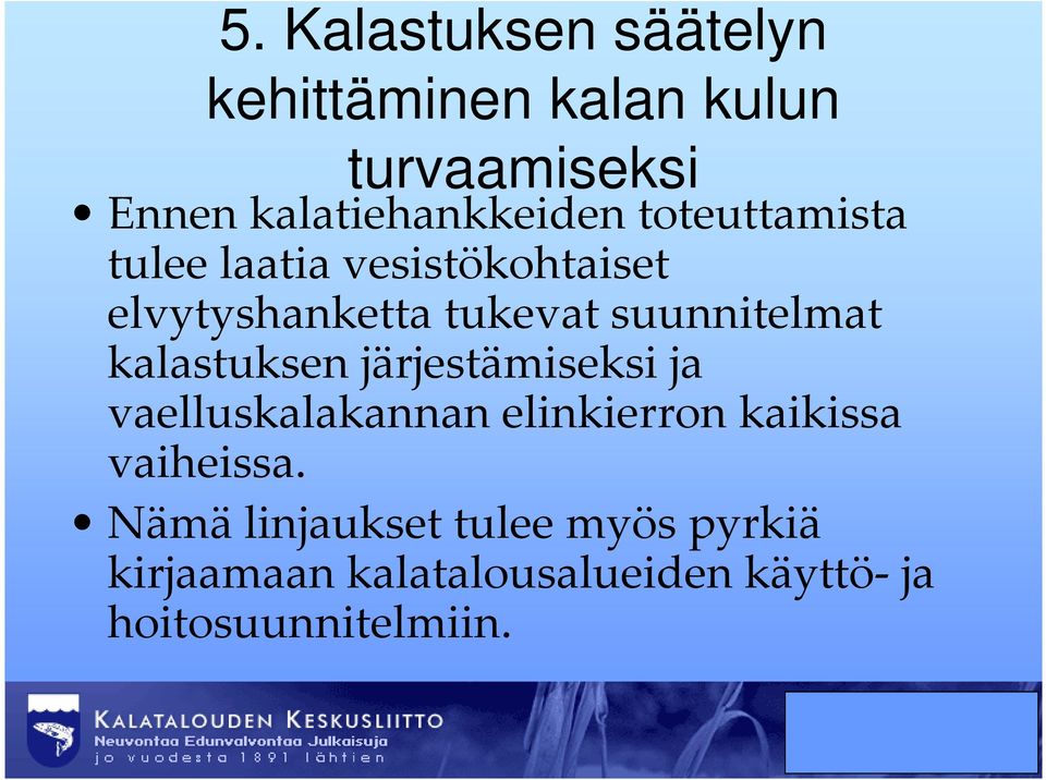 suunnitelmat kalastuksen järjestämiseksi ja vaelluskalakannan elinkierron kaikissa