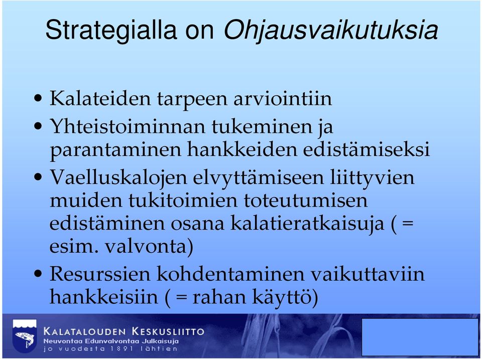 liittyvien muiden tukitoimien toteutumisen edistäminen osana kalatieratkaisuja (