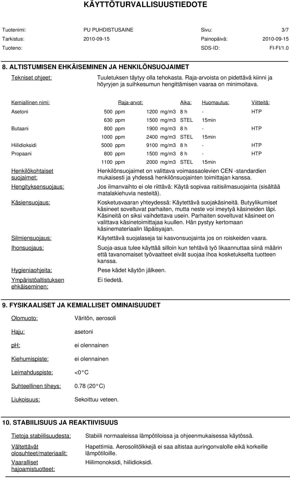 Kemiallinen nimi: Raja-arvot: Aika: Huomautus: Viitteitä: Asetoni 500 ppm 1200 mg/m3 8 h - HTP Henkilökohtaiset suojaimet: Hengityksensuojaus: Käsiensuojaus: Silmiensuojaus: Ihonsuojaus: