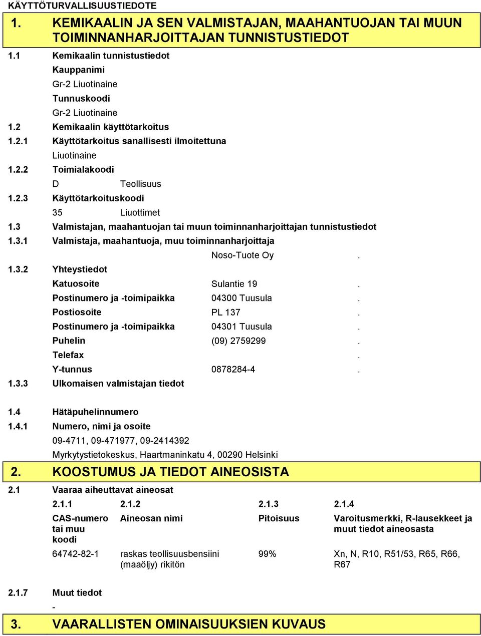 2.3 Käyttötarkoituskoodi 35 Liuottimet 1.3 Valmistajan, maahantuojan tai muun toiminnanharjoittajan tunnistustiedot 1.3.1 Valmistaja, maahantuoja, muu toiminnanharjoittaja 1.3.2 Yhteystiedot NosoTuote Oy.