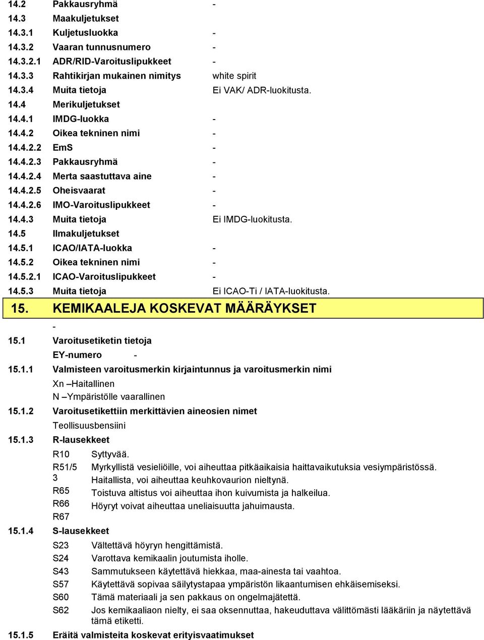 14.5 Ilmakuljetukset 14.5.1 ICAO/IATAluokka 14.5.2 Oikea tekninen nimi 14.5.2.1 ICAOVaroituslipukkeet 14.5.3 Muita tietoja Ei ICAOTi / IATAluokitusta. 15. KEMIKAALEJA KOSKEVAT MÄÄRÄYKSET 15.