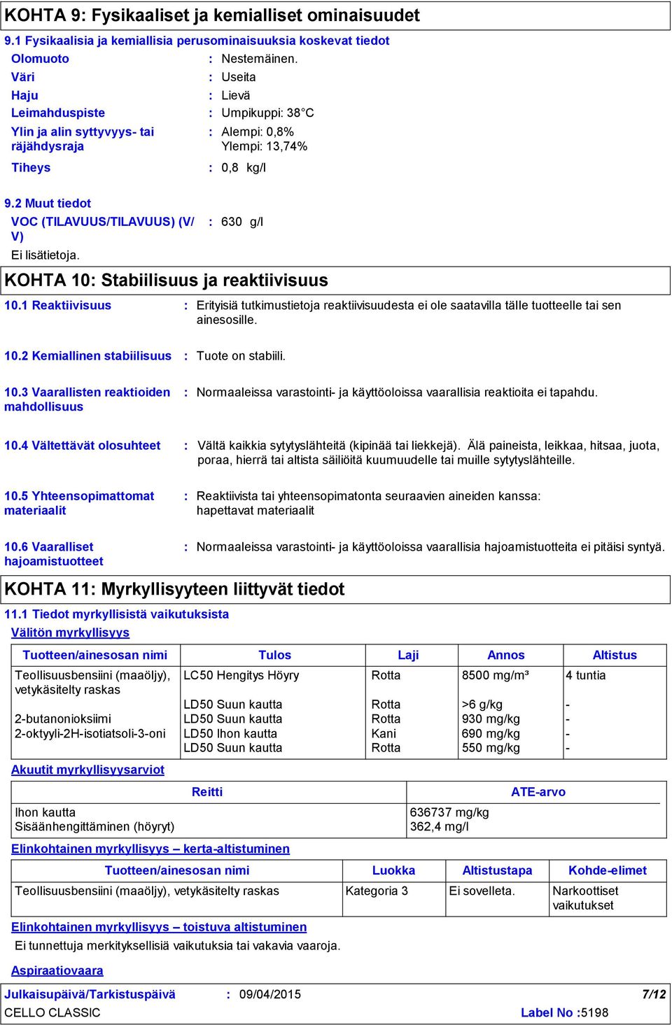 630 KOHTA 10 Stabiilisuus ja reaktiivisuus g/l 10.1 Reaktiivisuus Erityisiä tutkimustietoja reaktiivisuudesta ei ole saatavilla tälle tuotteelle tai sen ainesosille. 10.2 Kemiallinen stabiilisuus Tuote on stabiili.