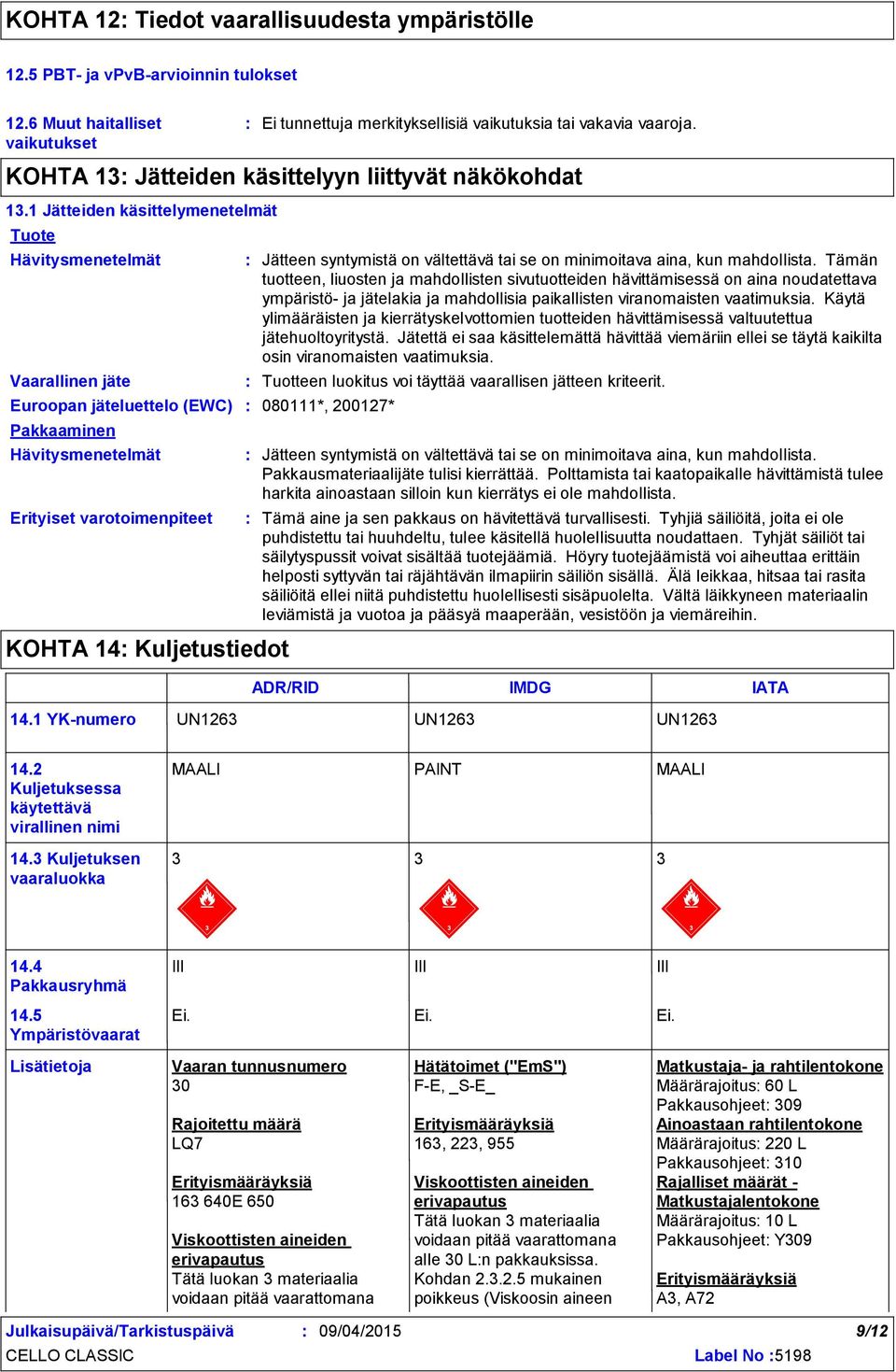 1 Jätteiden käsittelymenetelmät Tuote Hävitysmenetelmät Vaarallinen jäte Euroopan jäteluettelo (EWC) Pakkaaminen Hävitysmenetelmät Erityiset varotoimenpiteet KOHTA 14 Kuljetustiedot Jätteen