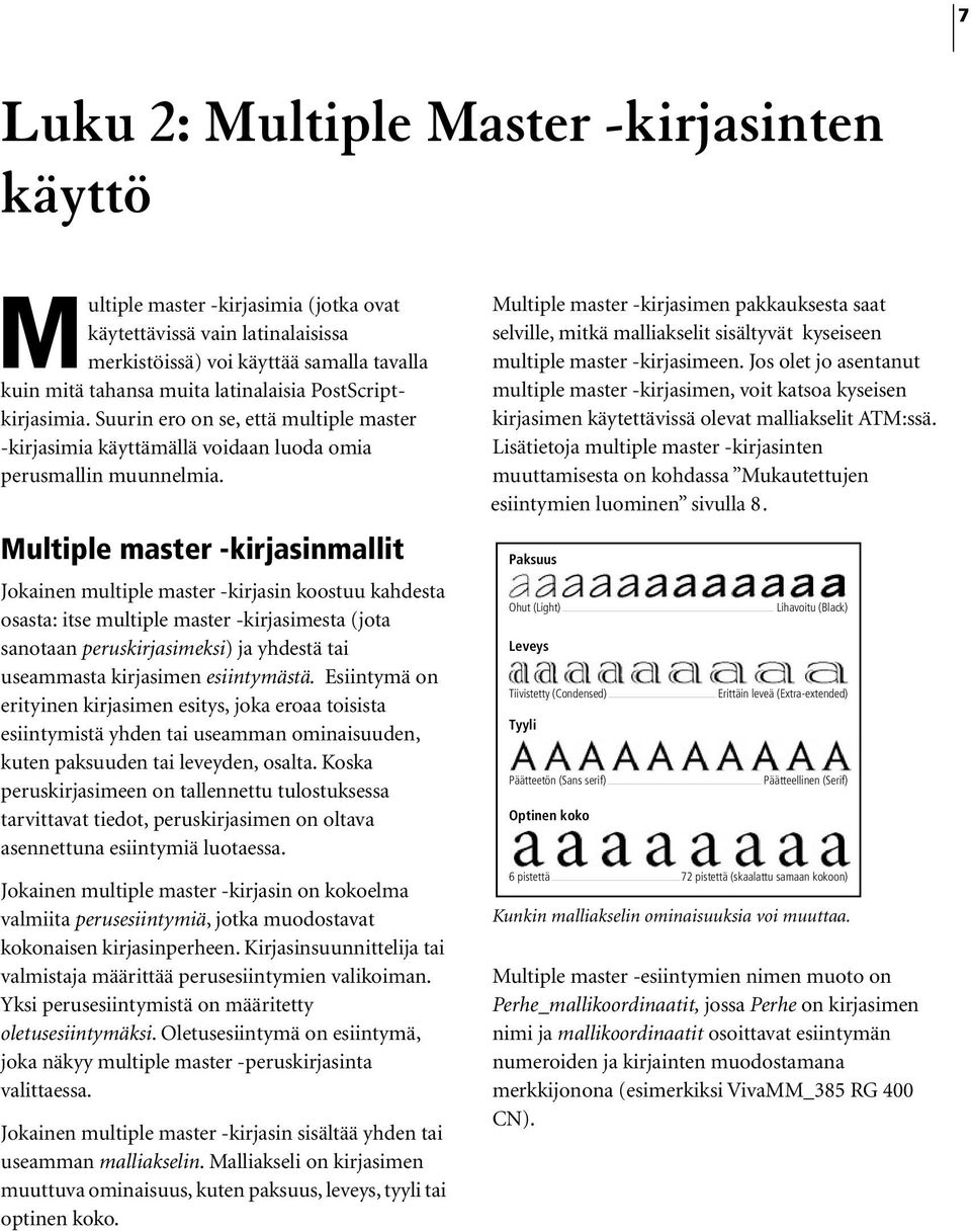 Multiple master -kirjasinmallit Jokainen multiple master -kirjasin koostuu kahdesta osasta: itse multiple master -kirjasimesta (jota sanotaan peruskirjasimeksi) ja yhdestä tai useammasta kirjasimen
