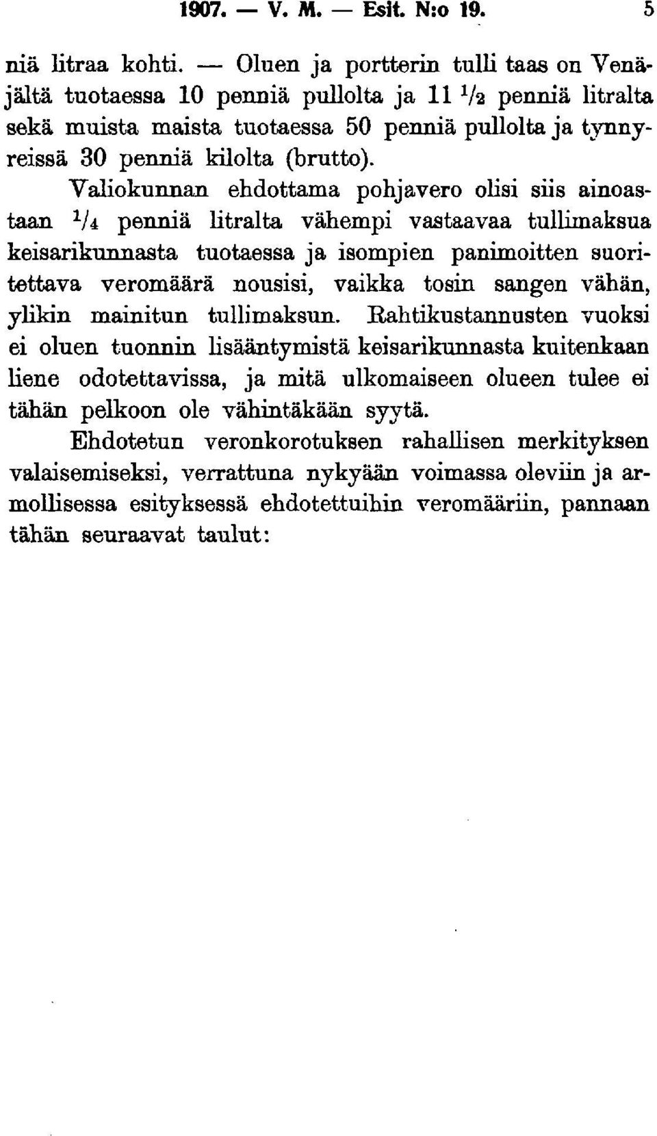 Valiokunnan ehdottama pohjavero olisi siis ainoastaan V* penniä litralta vähempi vastaavaa tullimaksua keisarikunnasta tuotaessa ja isompien panimoitten suoritettava veromäärä nousisi, vaikka tosin