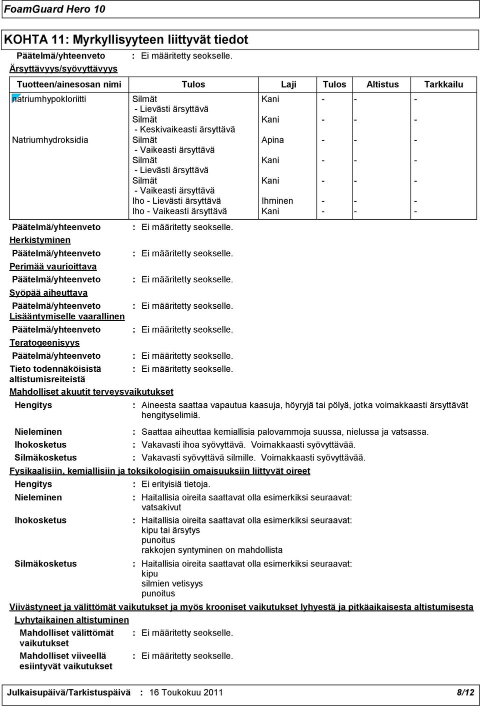 Silmät Kani - - - - Lievästi ärsyttävä Silmät Kani - - - - Vaikeasti ärsyttävä Iho - Lievästi ärsyttävä Ihminen - - - Iho - Vaikeasti ärsyttävä Kani - - - Tieto todennäköisistä altistumisreiteistä