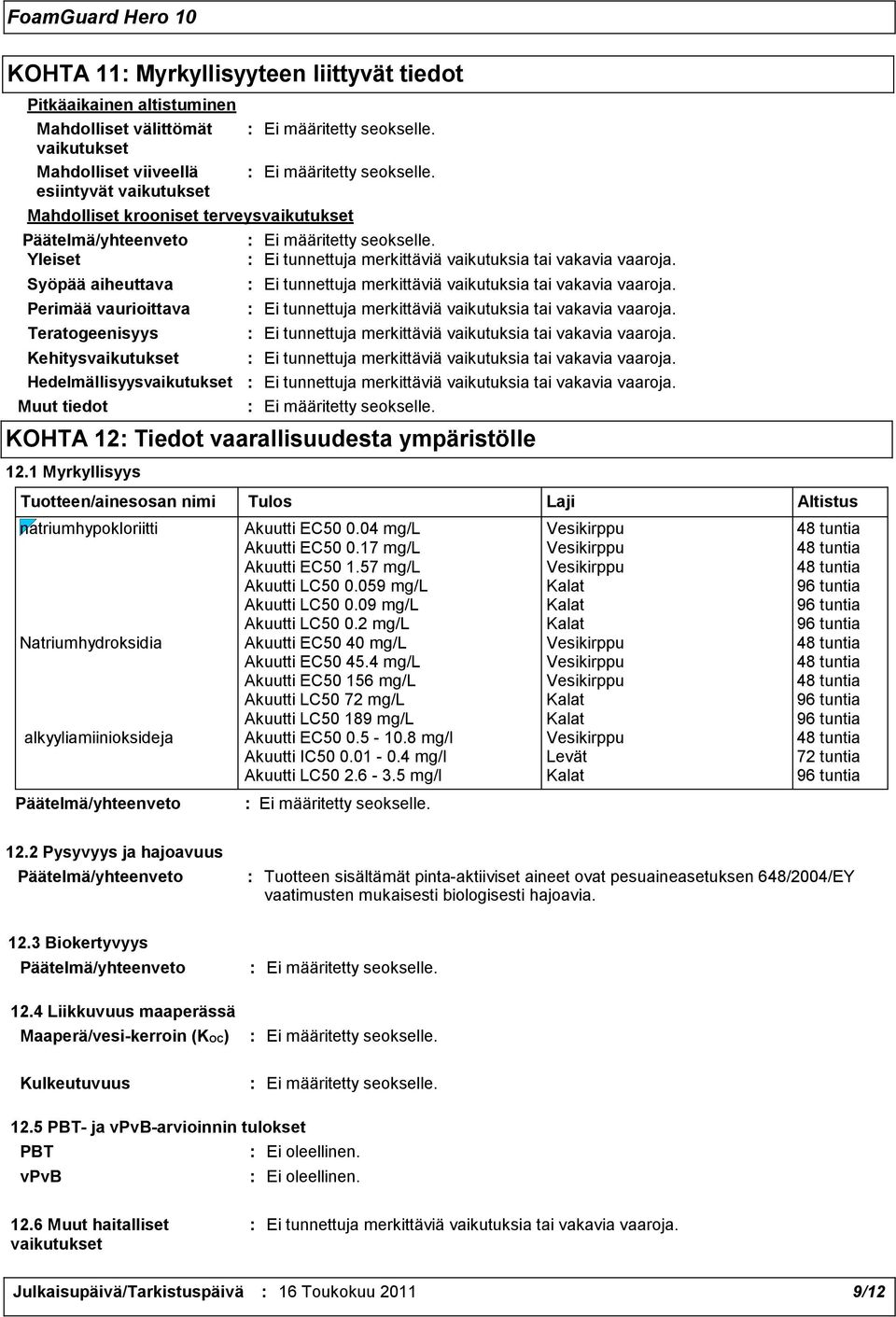 1 Myrkyllisyys Tuotteen/ainesosan nimi Tulos Laji Altistus natriumhypokloriitti Akuutti EC50 0.04 mg/l Vesikirppu 48 tuntia Akuutti EC50 0.17 mg/l Vesikirppu 48 tuntia Akuutti EC50 1.