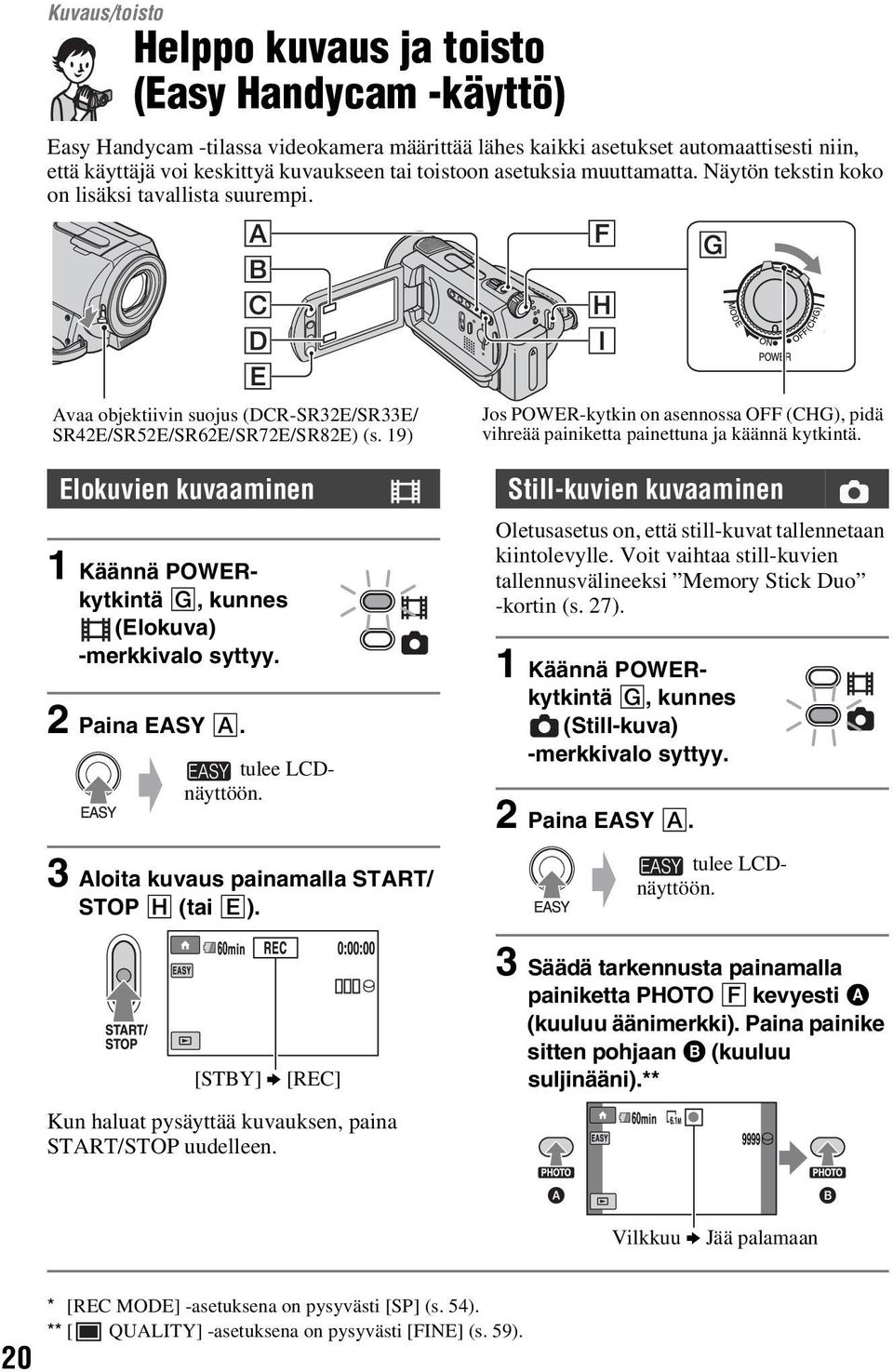 19) Elokuvien kuvaaminen 1 Käännä POWERkytkintä G, kunnes (Elokuva) -merkkivalo syttyy. 2 Paina EASY A. tulee LCDnäyttöön. 3 Aloita kuvaus painamalla START/ STOP H (tai E).