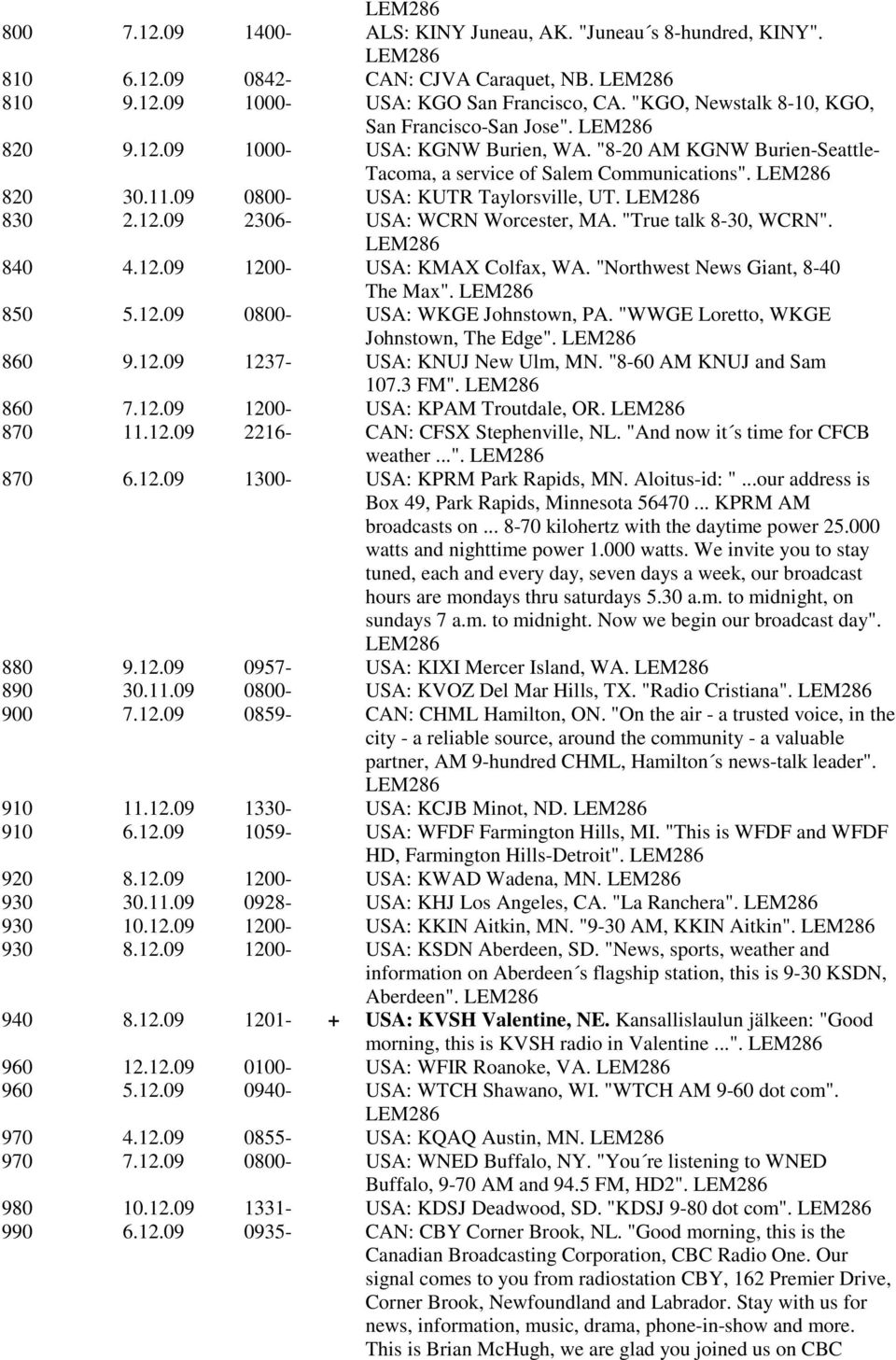 09 0800- USA: KUTR Taylorsville, UT. 830 2.12.09 2306- USA: WCRN Worcester, MA. "True talk 8-30, WCRN". 840 4.12.09 1200- USA: KMAX Colfax, WA. "Northwest News Giant, 8-40 The Max". 850 5.12.09 0800- USA: WKGE Johnstown, PA.