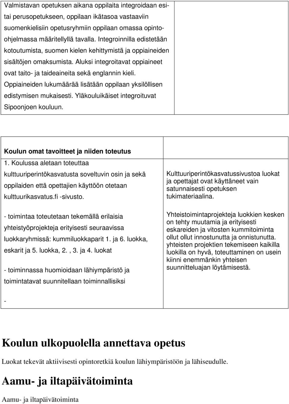 Oppiaineiden lukumäärää lisätään oppilaan yksilöllisen edistymisen mukaisesti. Yläkouluikäiset integroituvat Sipoonjoen kouluun. Koulun omat tavoitteet ja niiden toteutus 1.