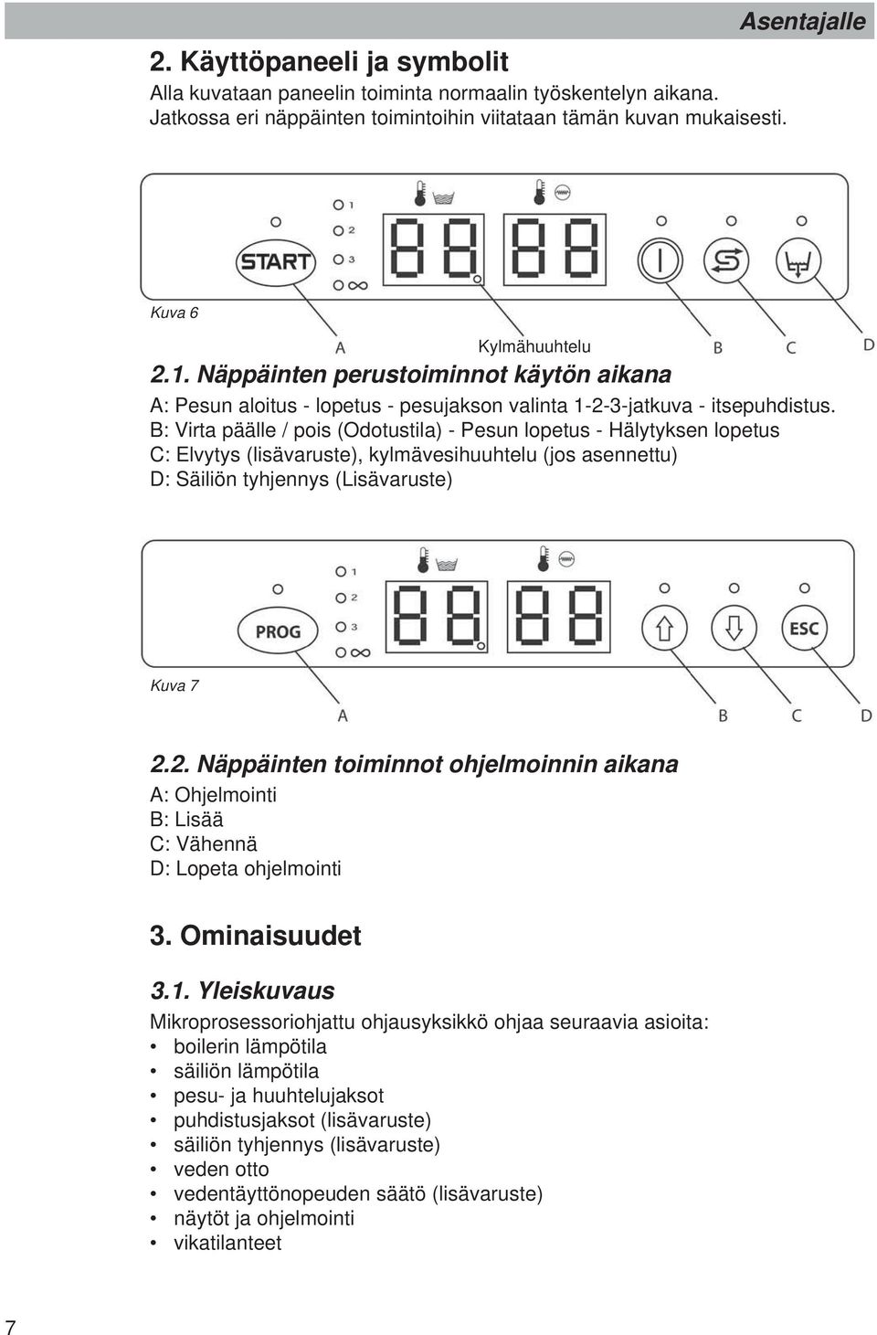 B: Virta päälle / pois (Odotustila) - Pesun lopetus - Hälytyksen lopetus C: Elvytys (lisävaruste), kylmävesihuuhtelu (jos asennettu) D: Säiliön tyhjennys (Lisävaruste) Kuva 7 2.