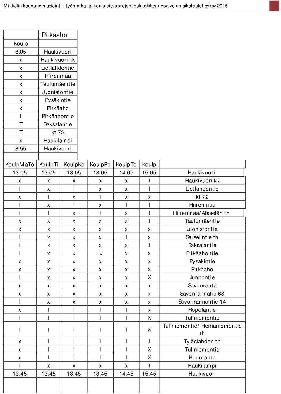 Hiirenmaa/Alaselän th Taulumäentie Juonistontie Sarselintie th Saksalantie Pitkäahontie Pysäkintie Pitkäaho Junnontie Savonranta Savonrannatie 68