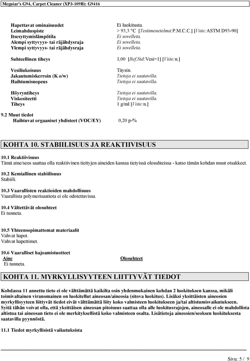 2 Muut tiedot Haihtuvat orgaaniset yhdisteet (VOC/EY) 0,20 p-% KOHTA 10. STABIILISUUS JA REAKTIIVISUUS 10.