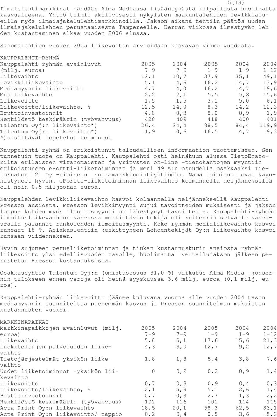 Kerran viikossa ilmestyvän lehden kustantaminen alkaa vuoden 2006 alussa. Sanomalehtien vuoden liikevoiton arvioidaan kasvavan viime vuodesta. KAUPPALEHTI-RYHMÄ Kauppalehti-ryhmän avainluvut (milj.