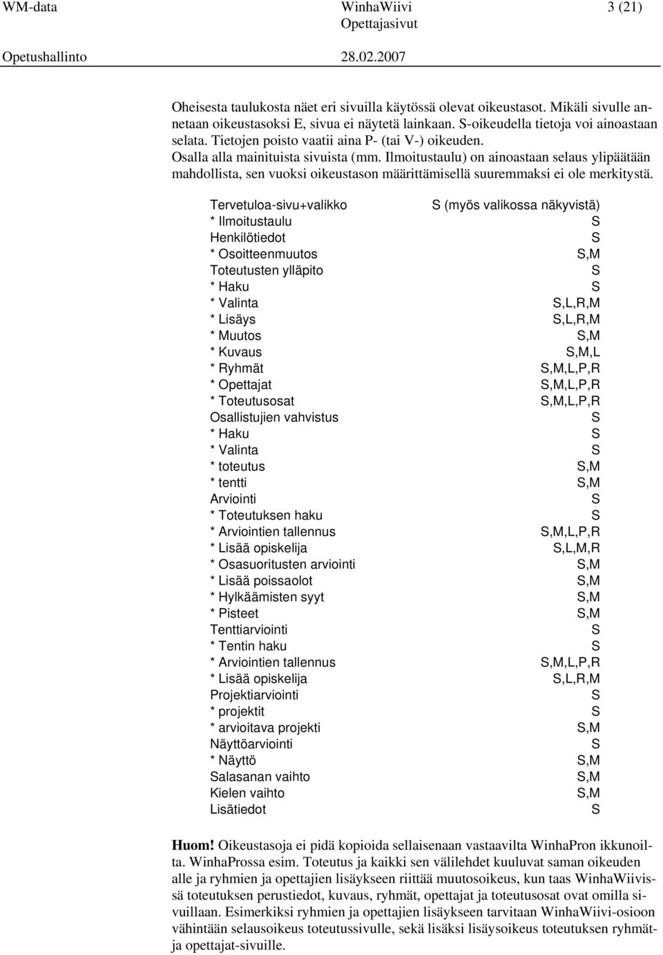 Ilmoitustaulu) on ainoastaan selaus ylipäätään mahdollista, sen vuoksi oikeustason määrittämisellä suuremmaksi ei ole merkitystä.