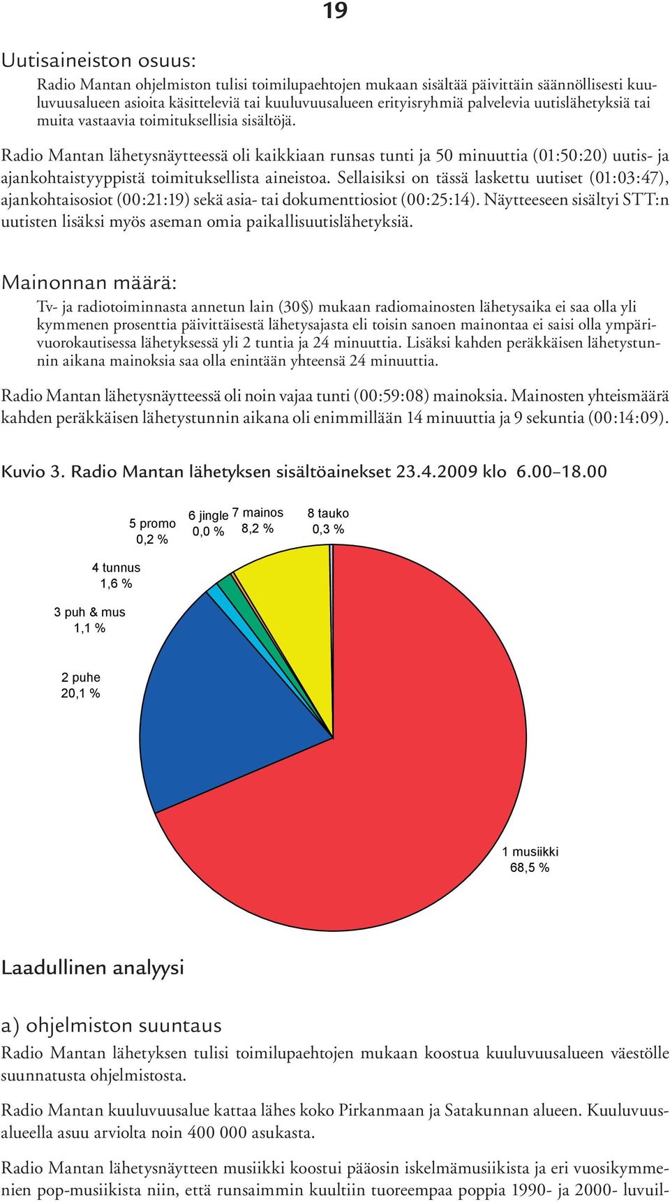 Radio Mantan lähetysnäytteessä oli kaikkiaan runsas tunti ja 50 minuuttia (01:50:20) uutis- ja ajankohtaistyyppistä toimituksellista aineistoa.