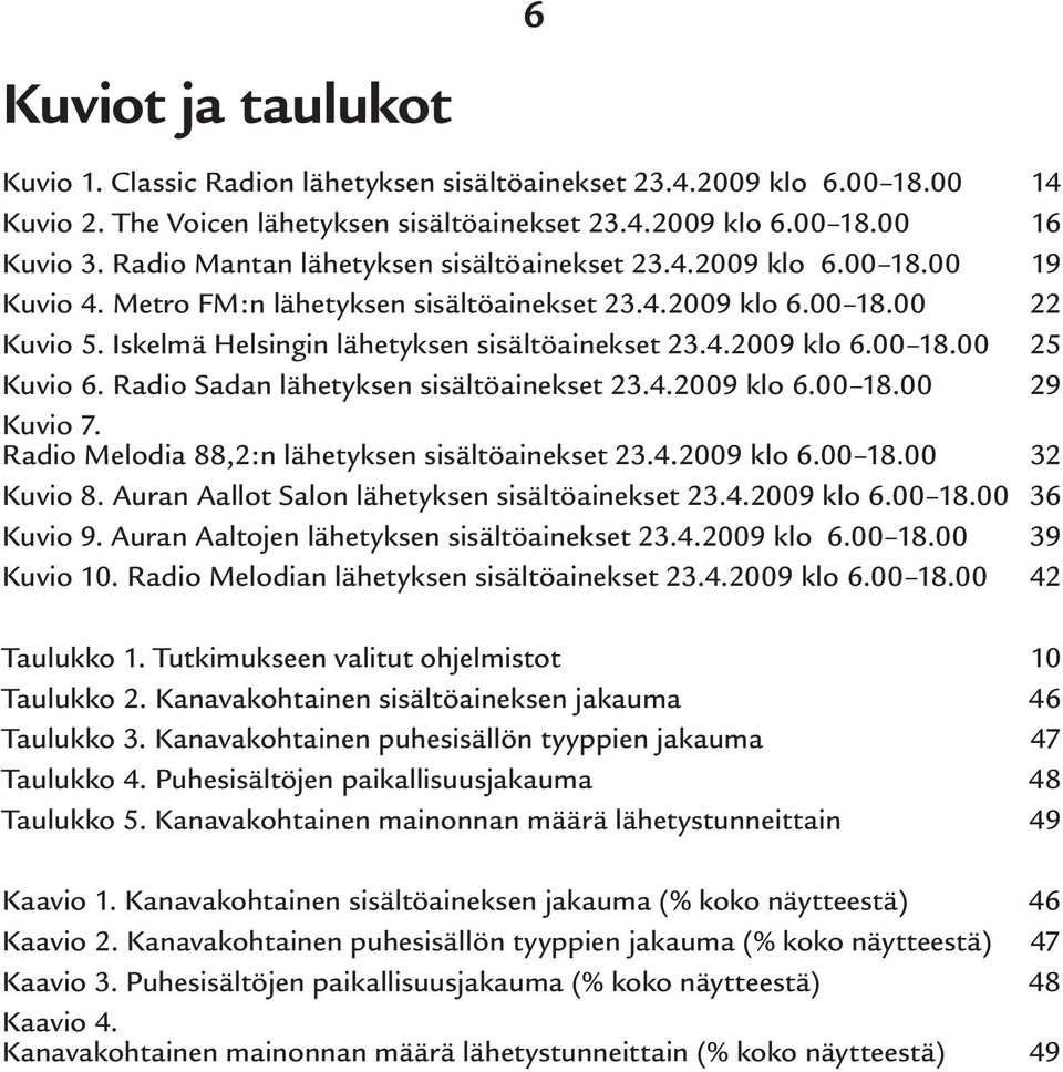 4.2009 klo 6.00 18.00 25 Kuvio 6. Radio Sadan lähetyksen sisältöainekset 23.4.2009 klo 6.00 18.00 29 Kuvio 7. Radio Melodia 88,2:n lähetyksen sisältöainekset 23.4.2009 klo 6.00 18.00 32 Kuvio 8.