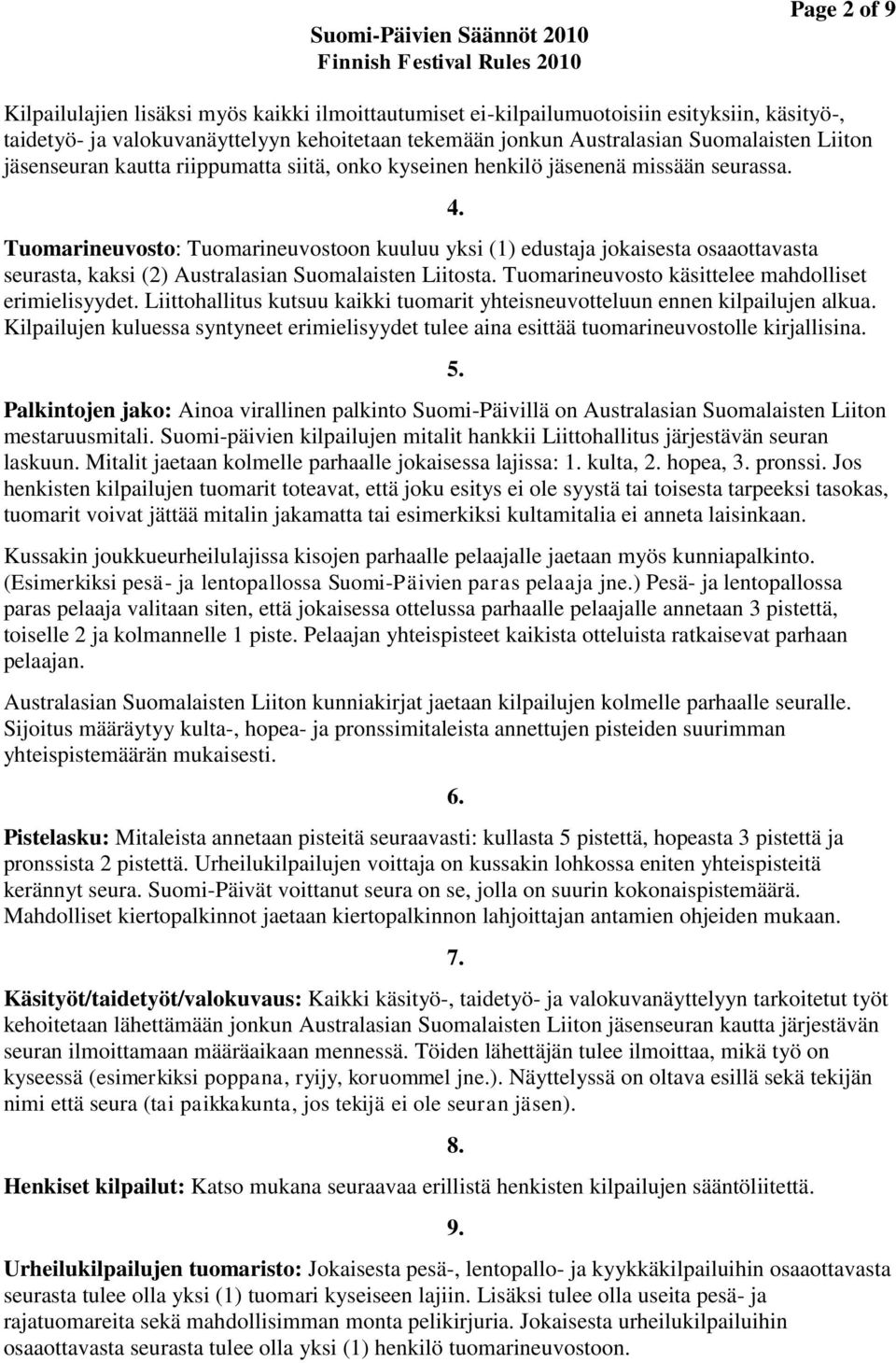 Tuomarineuvosto: Tuomarineuvostoon kuuluu yksi (1) edustaja jokaisesta osaaottavasta seurasta, kaksi (2) Australasian Suomalaisten Liitosta. Tuomarineuvosto käsittelee mahdolliset erimielisyydet.